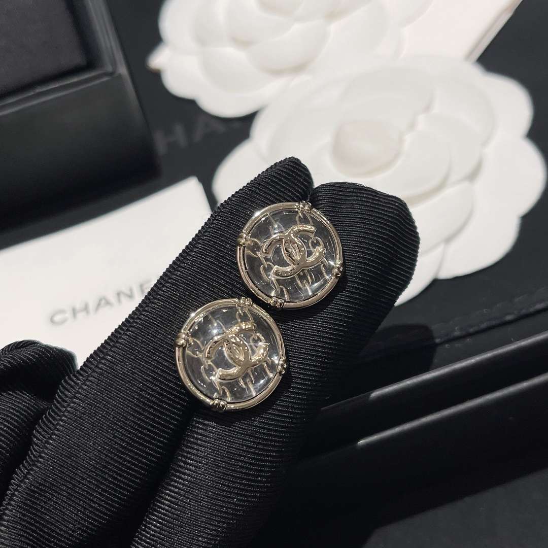 Ch**el Round Button Plastic Earrings Silver For Women