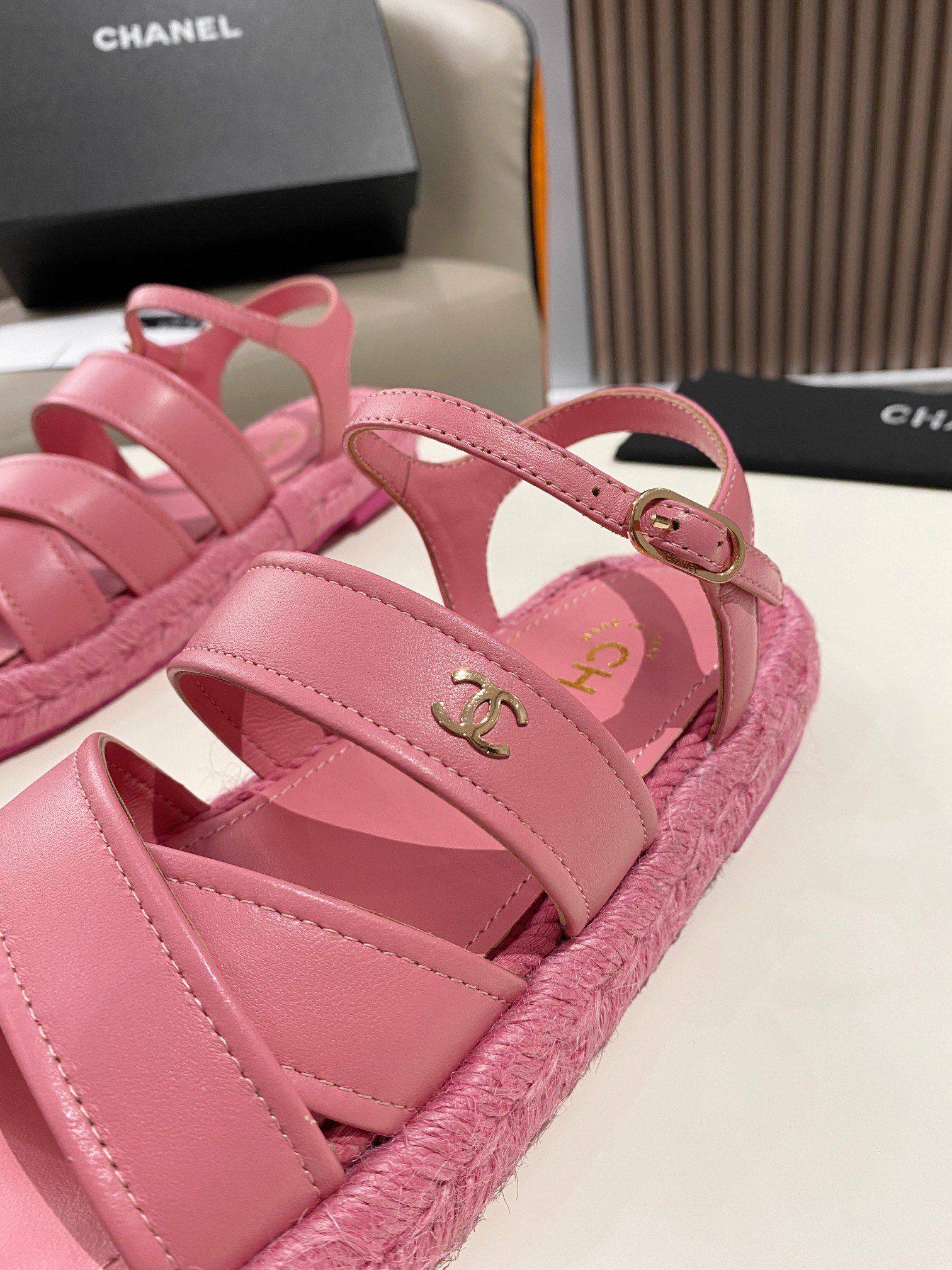 Ch**el Straw Weave Strap Thick Sole Crossbody Pink For Women