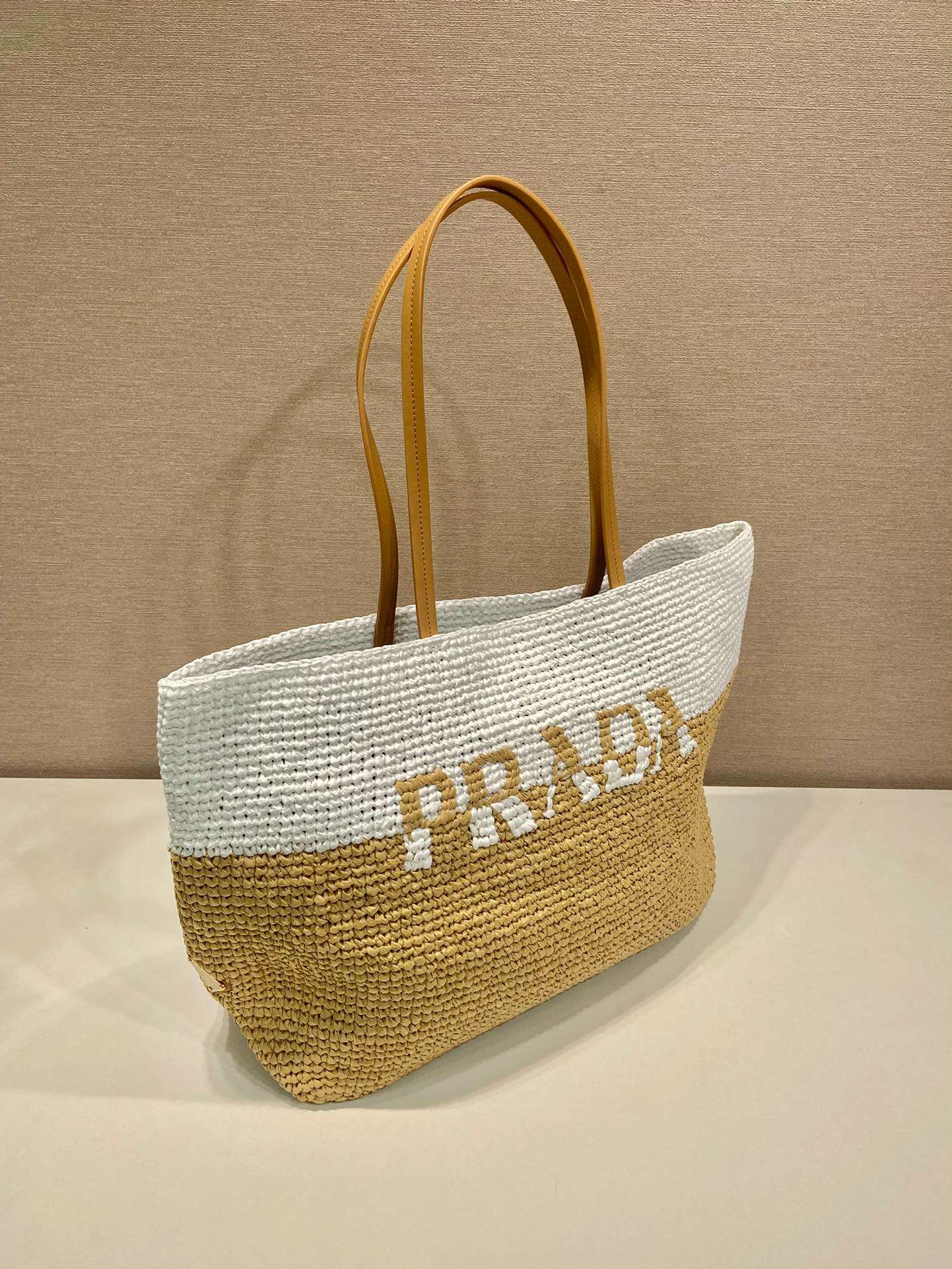 Pra*a Raffia Tote Bag Beige For Women 15in/38cm 1BG442_2DJS_F0N86_V_OOO
