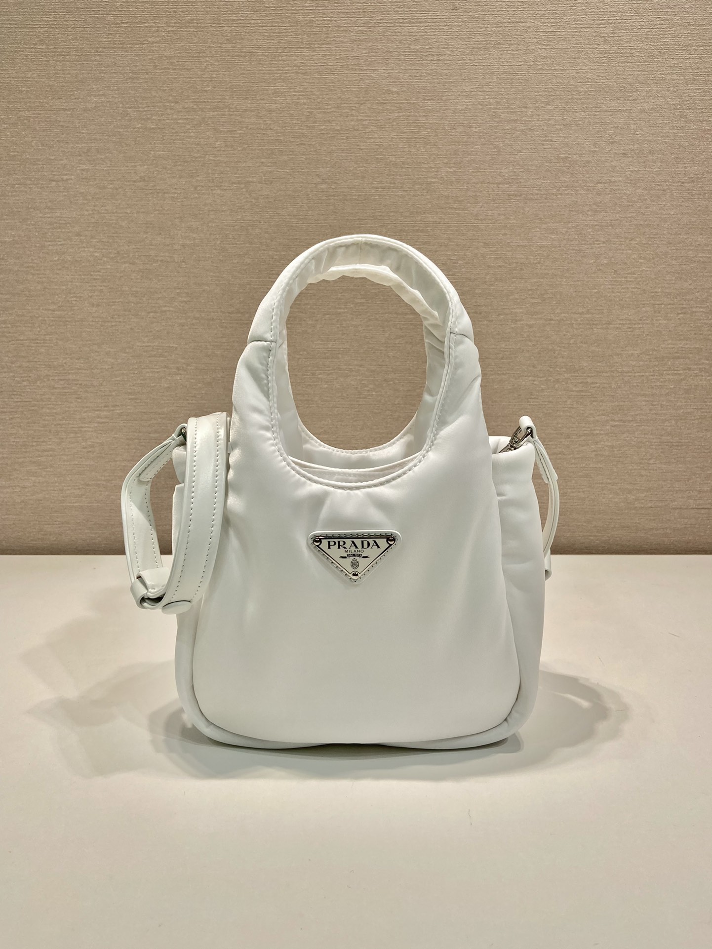 Pra*a Soft Padded Re-Nylon Mini-Bag White/Pink/Beige For Women 7.1in/18cm 1BA359_RCCJ_F0009_V_OVM
