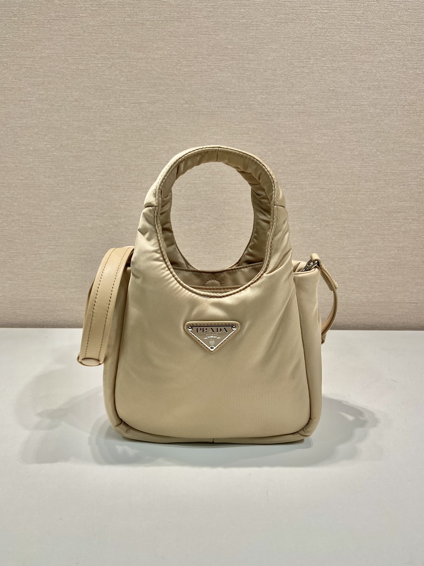 Pra*a Soft Padded Re-Nylon Mini-Bag White/Pink/Beige For Women 7.1in/18cm 1BA359_RCCJ_F0009_V_OVM