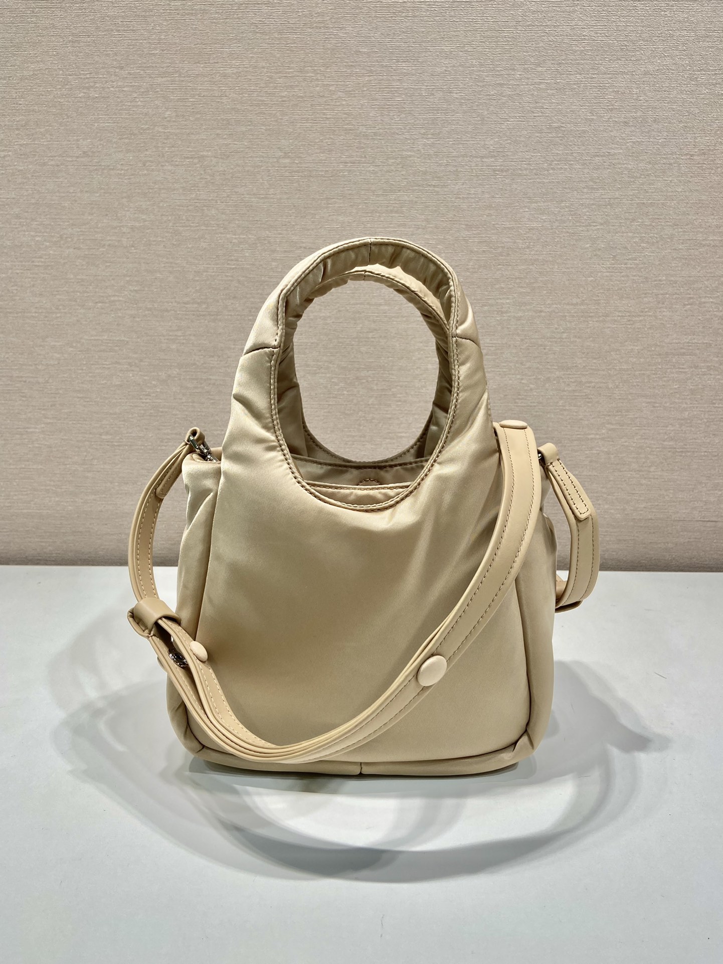 Pra*a Soft Padded Re-Nylon Mini-Bag White/Pink/Beige For Women 7.1in/18cm 1BA359_RCCJ_F0009_V_OVM