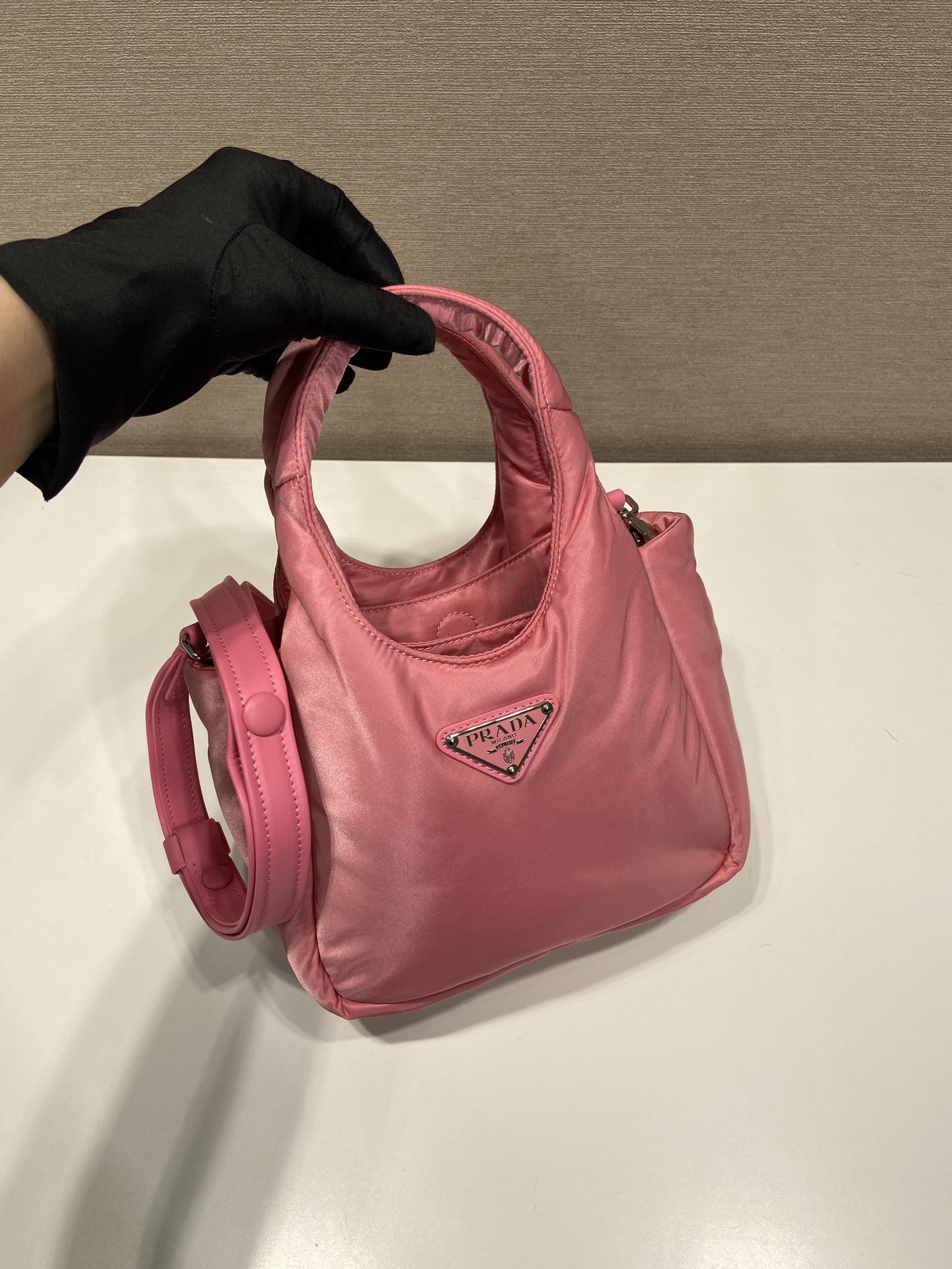 Pra*a Soft Padded Re-Nylon Mini-Bag White/Pink/Beige For Women 7.1in/18cm 1BA359_RCCJ_F0009_V_OVM
