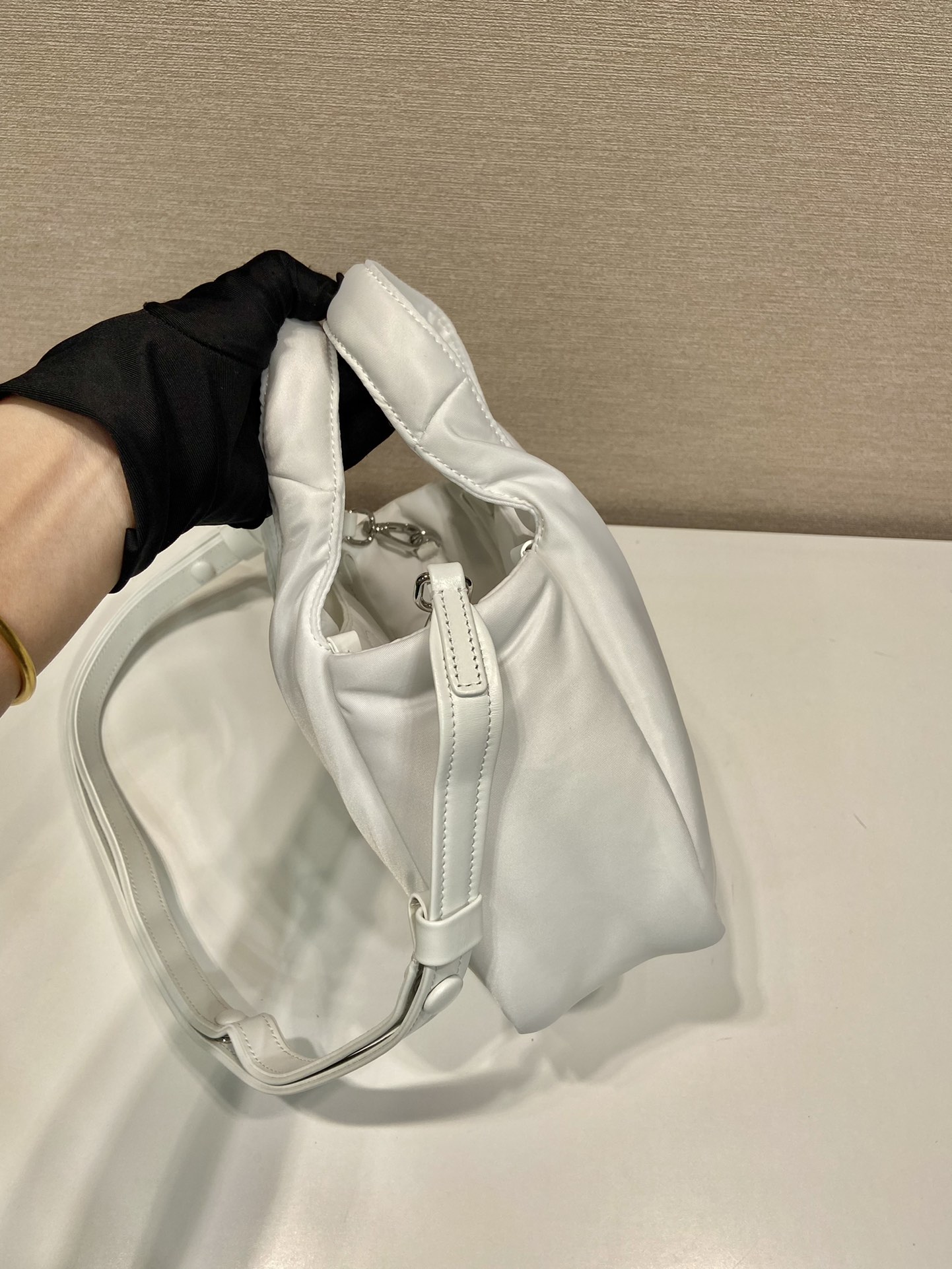 Pra*a Soft Padded Re-Nylon Mini-Bag White/Pink/Beige For Women 7.1in/18cm 1BA359_RCCJ_F0009_V_OVM