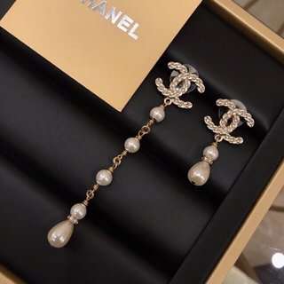 Ch**el CC Crystal Pearl Drop Earrings Gold For Women