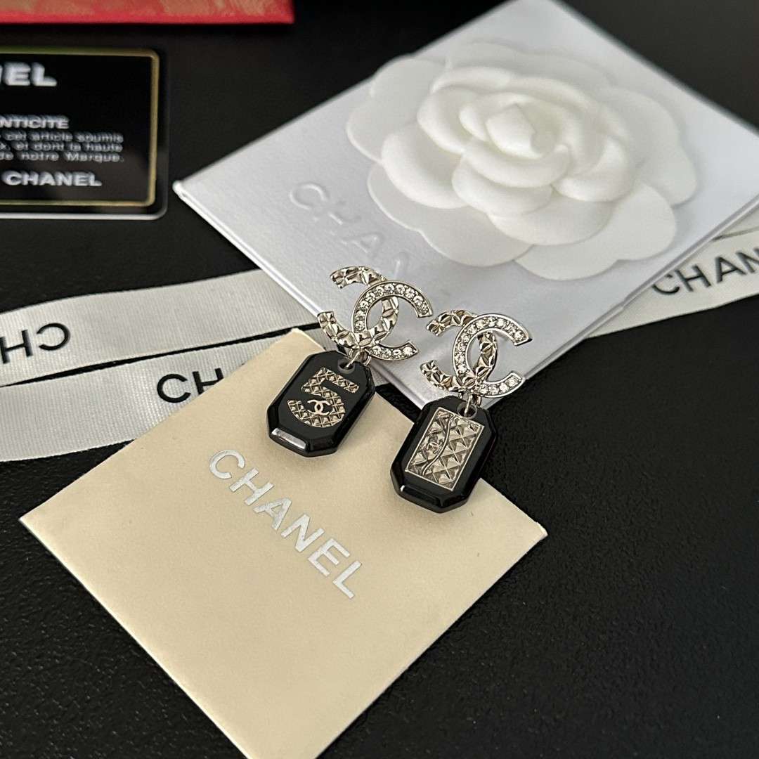 Ch**el Crystal Tassel Square Earrings Black For Women