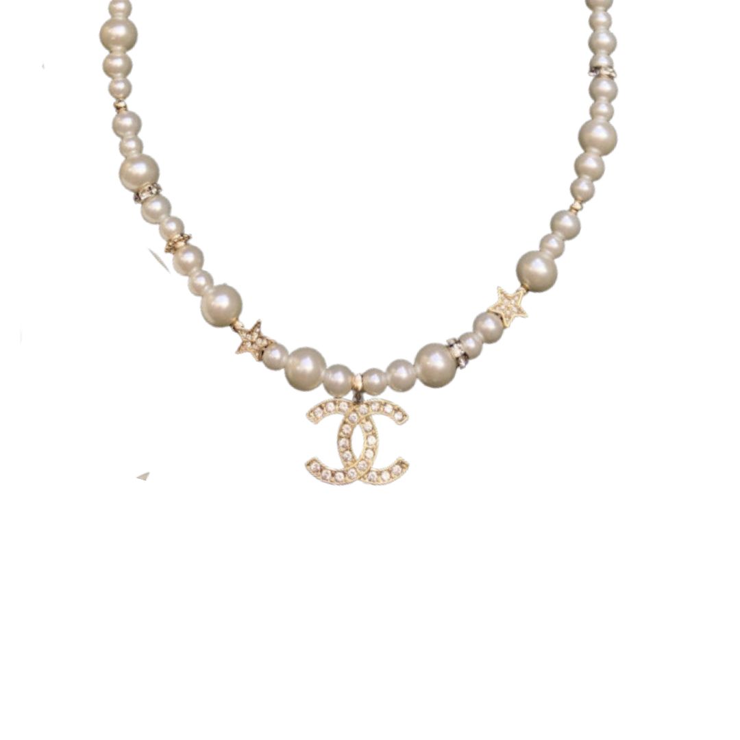 Ch**el D1am0nd Double C Pentagram Necklace Gold For Women