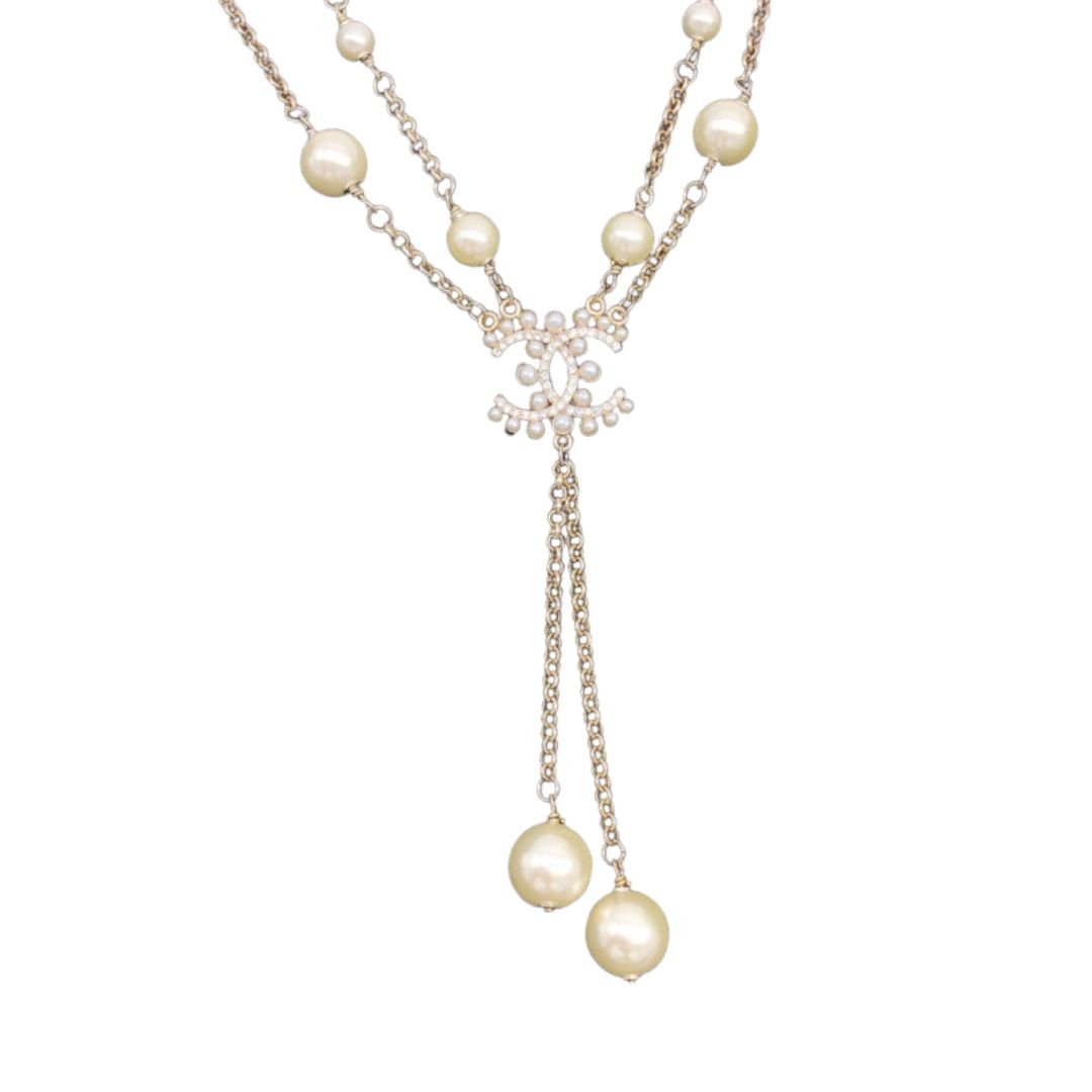 Ch**el Pearl Double C Rice Beads Large And Small Necklace Gold For Women