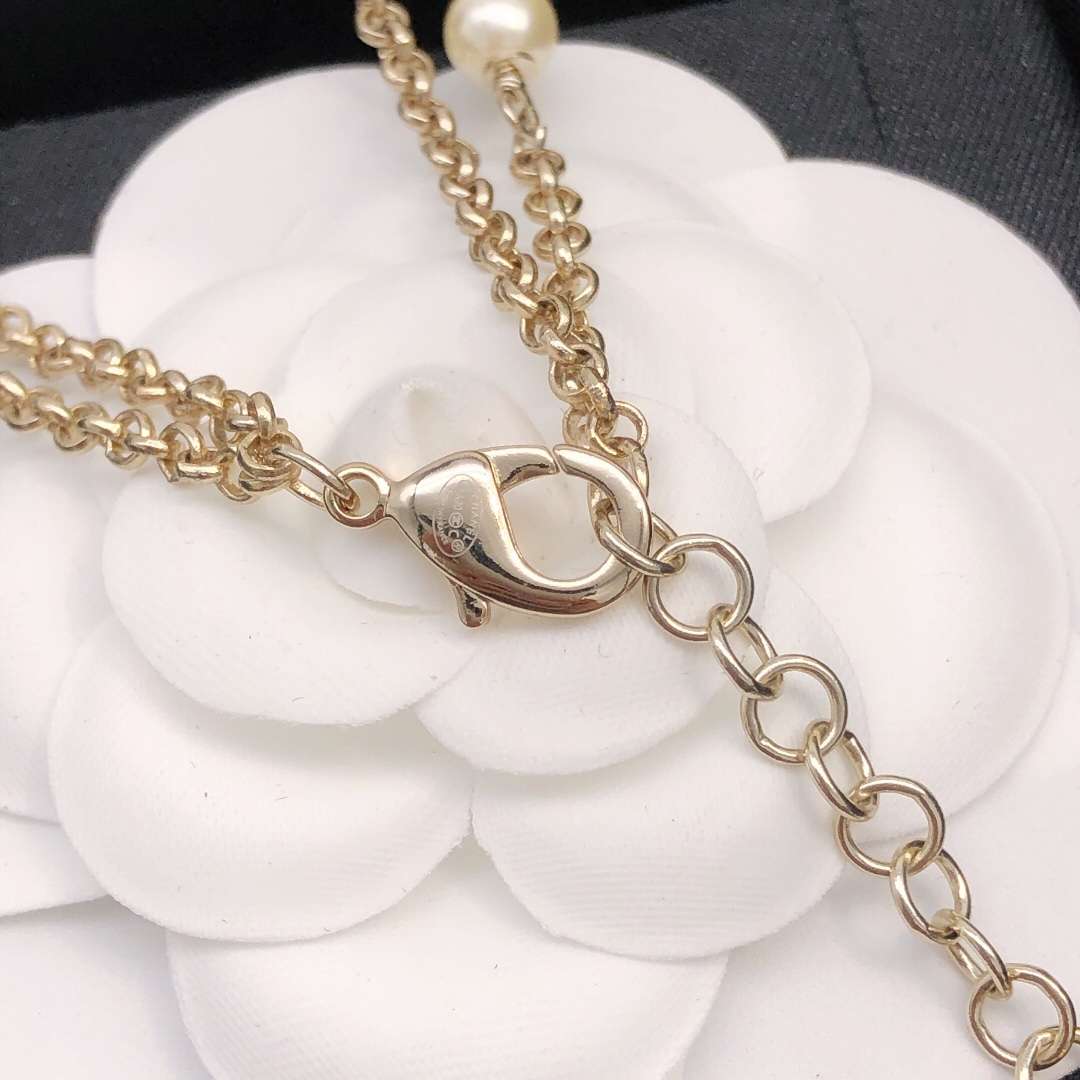 Ch**el Pearl Double C Rice Beads Large And Small Necklace Gold For Women