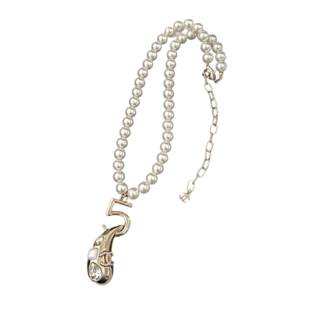 Ch**el Tear Drop Pearl Necklace Gold For Women