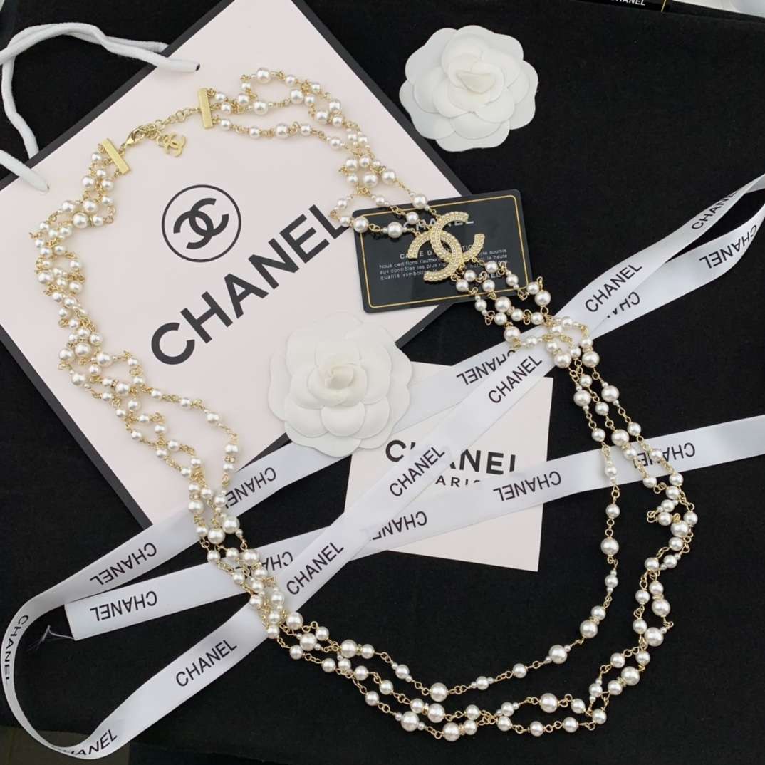 Ch**el Three-Layer Pearl Necklace Gold For Women