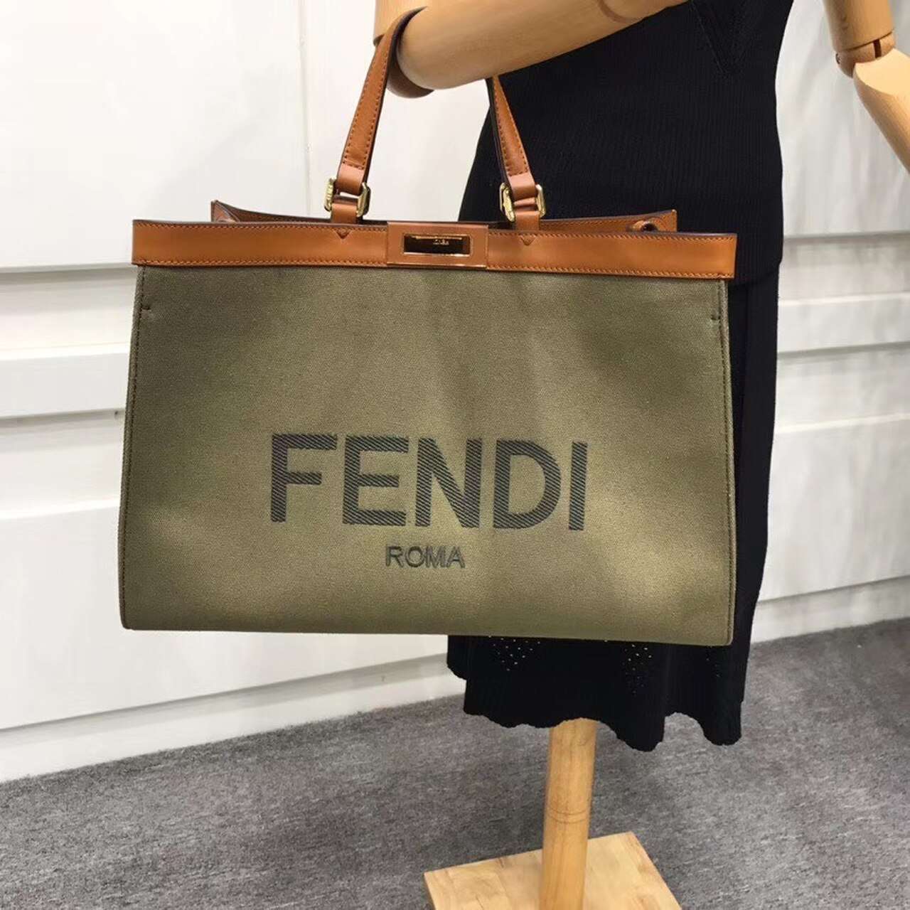 F**di Peekaboo X-Tote Canvas Bag Green Khaki For Women 16.1in/41cm FF 8BH374