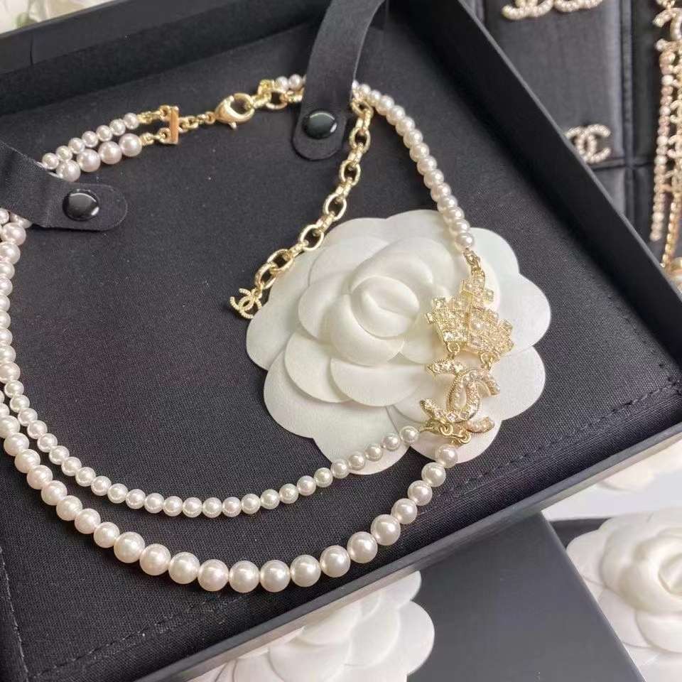 Ch**el Double Pearl Crown Necklace White For Women