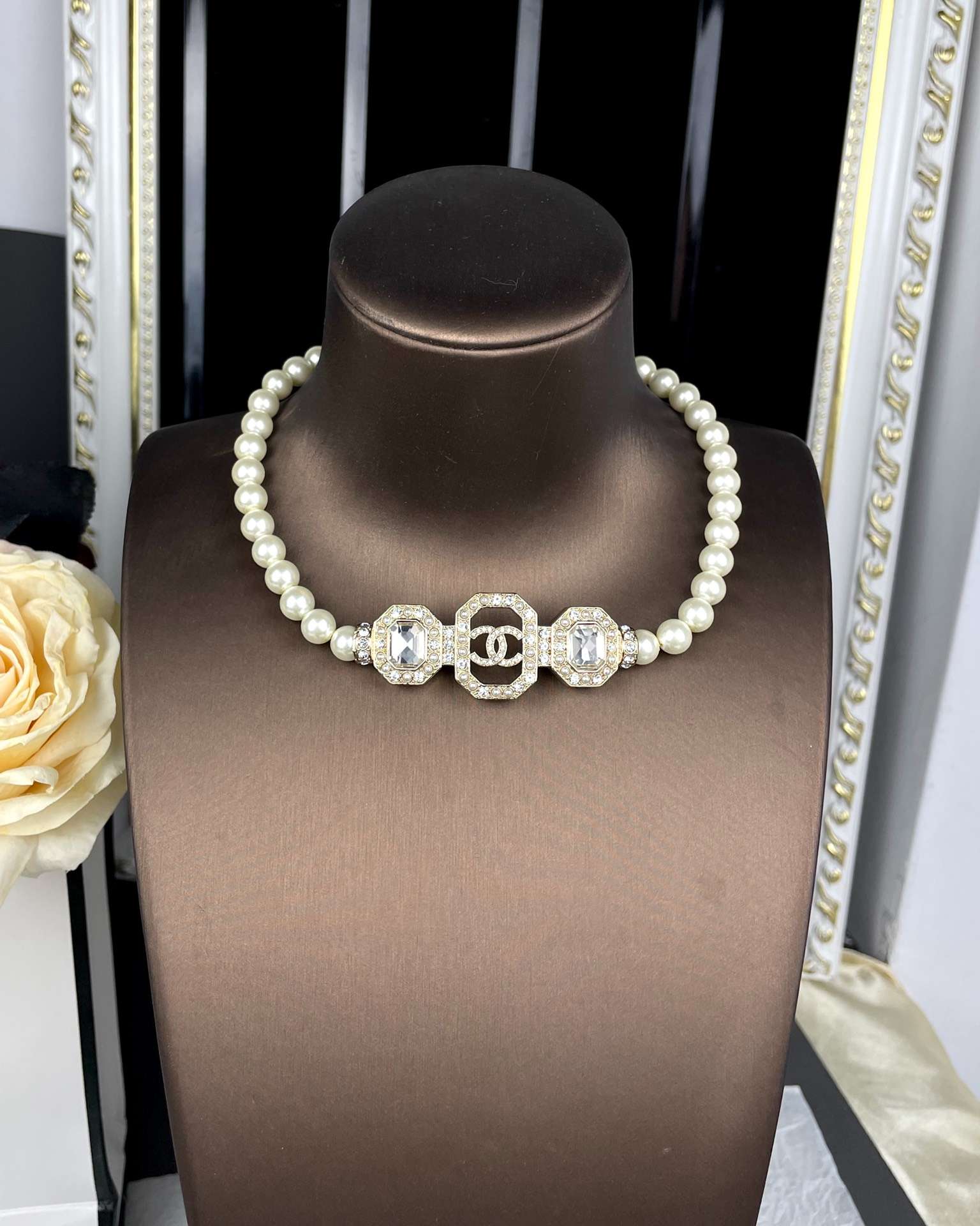 Ch**el Geometric Square Pearl Necklace White For Women