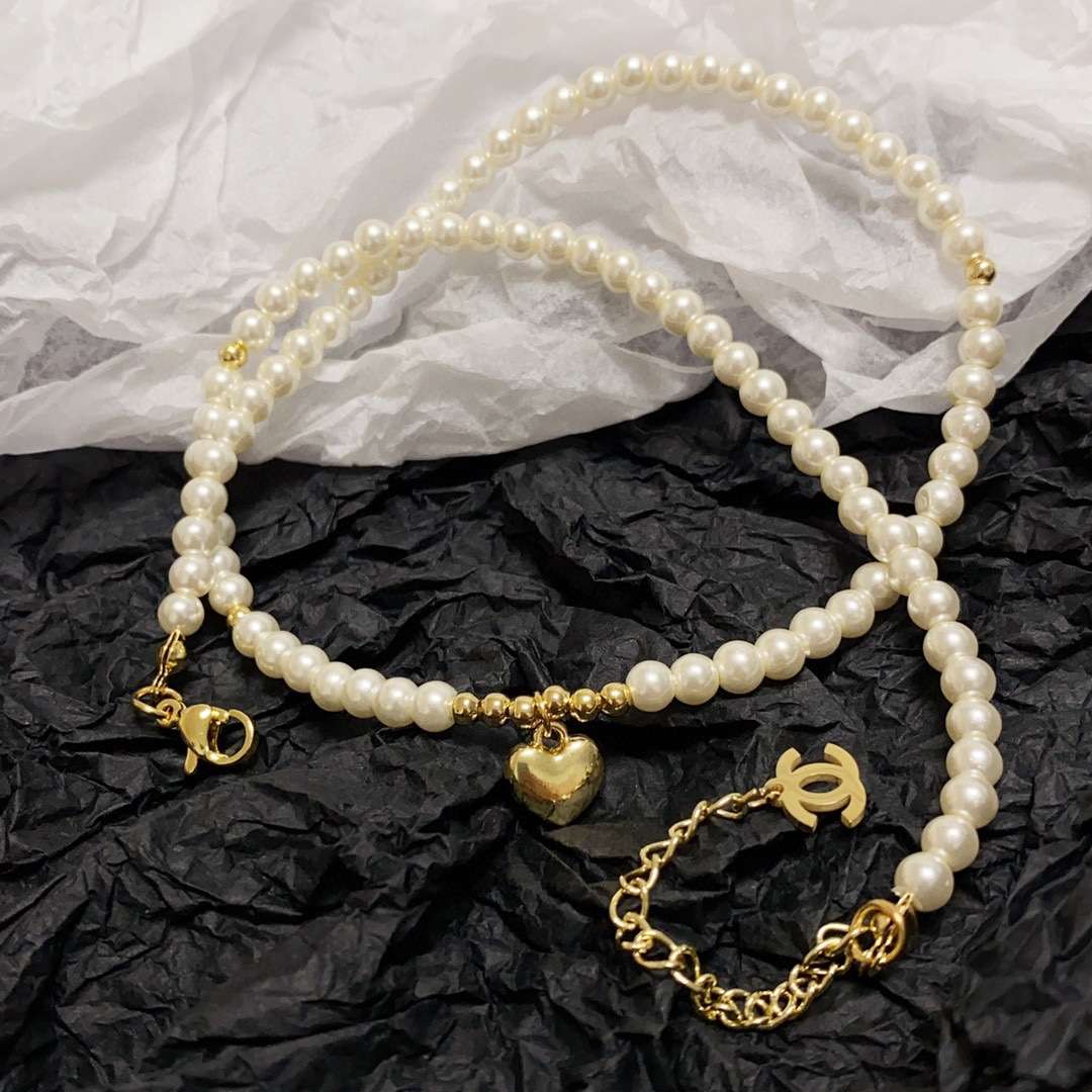 Ch**el Heart Pearl Necklace White For Women