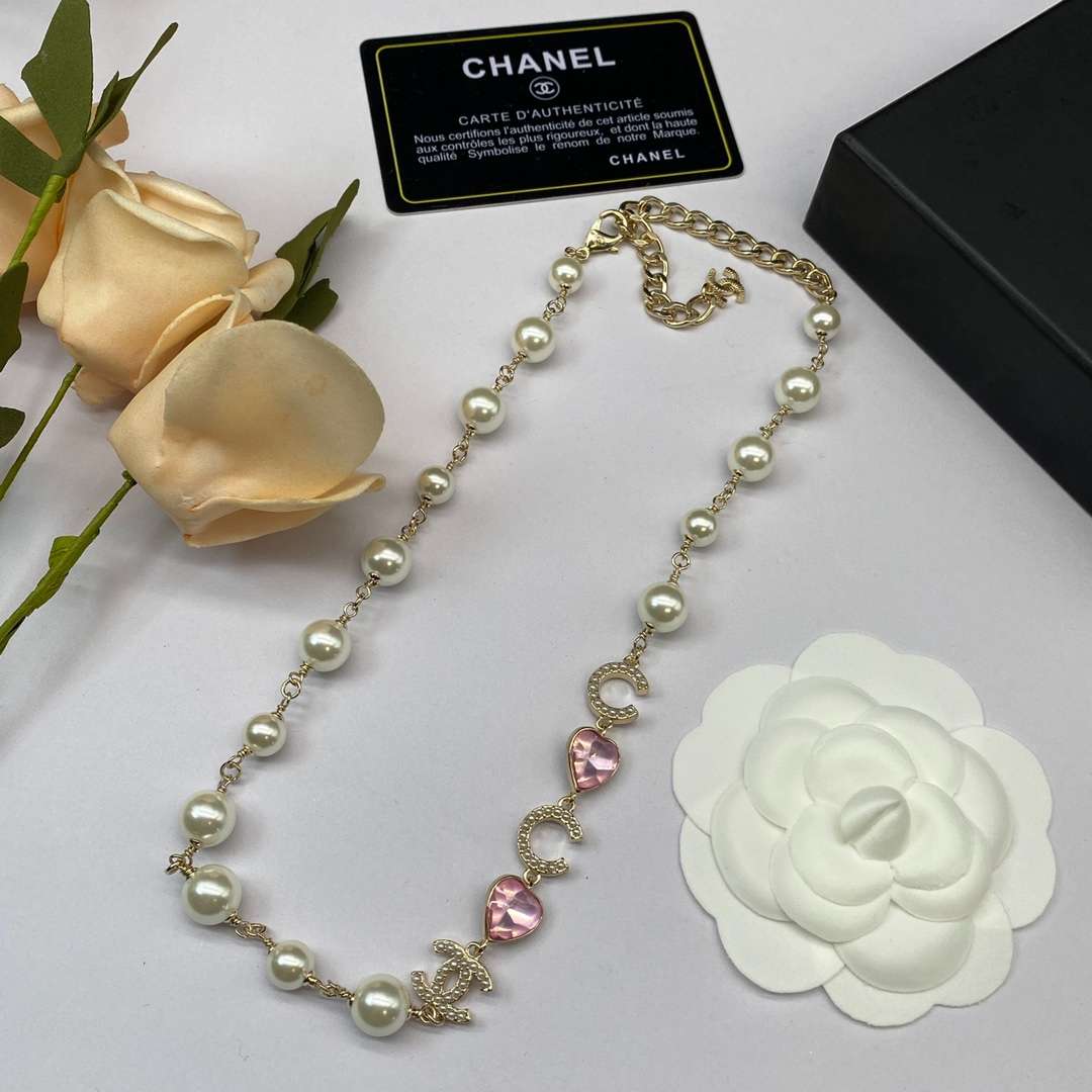 Ch**el Pearl Crystal Necklace Gold For Women