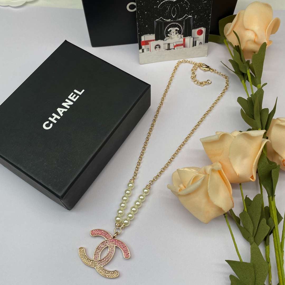Ch**el Pearl Double C Gradient Necklace Gold For Women