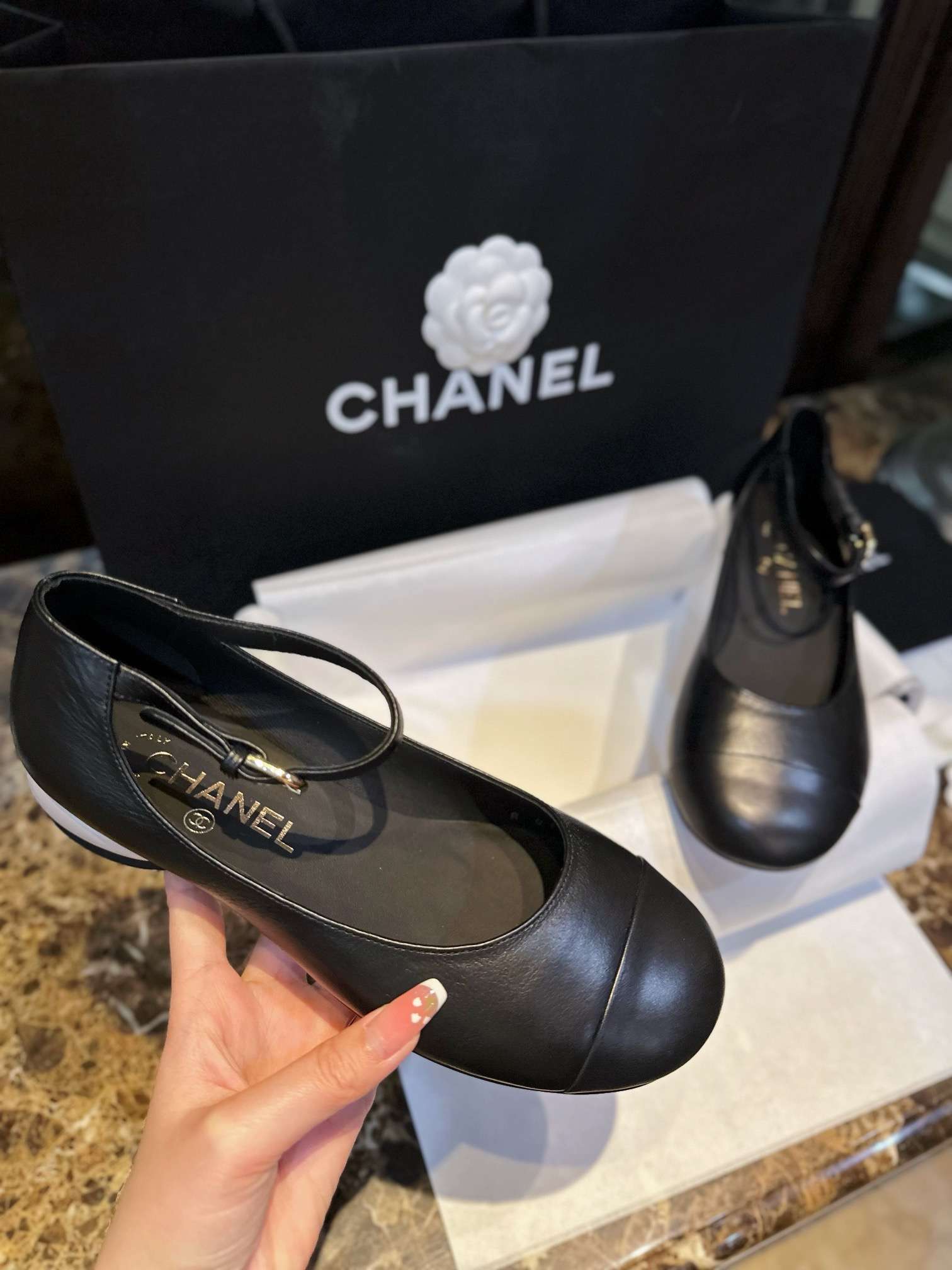 Ch**el Mary Jane Flats Pearl Black For Women
