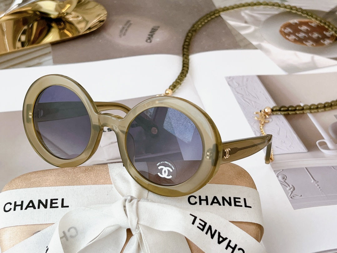Ch**el Round Sunglasses Green Khaki For Women