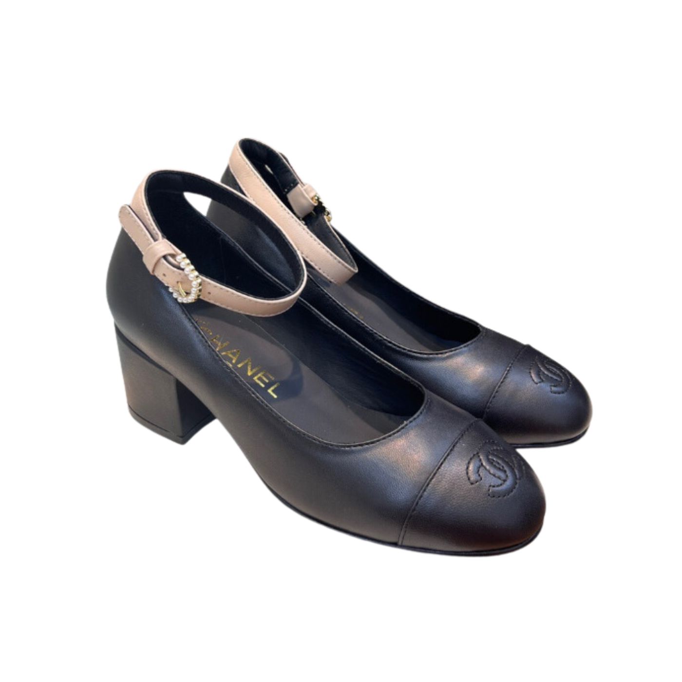 Ch**el Round Buckle Strap Pearl Mary Jane Black For Women