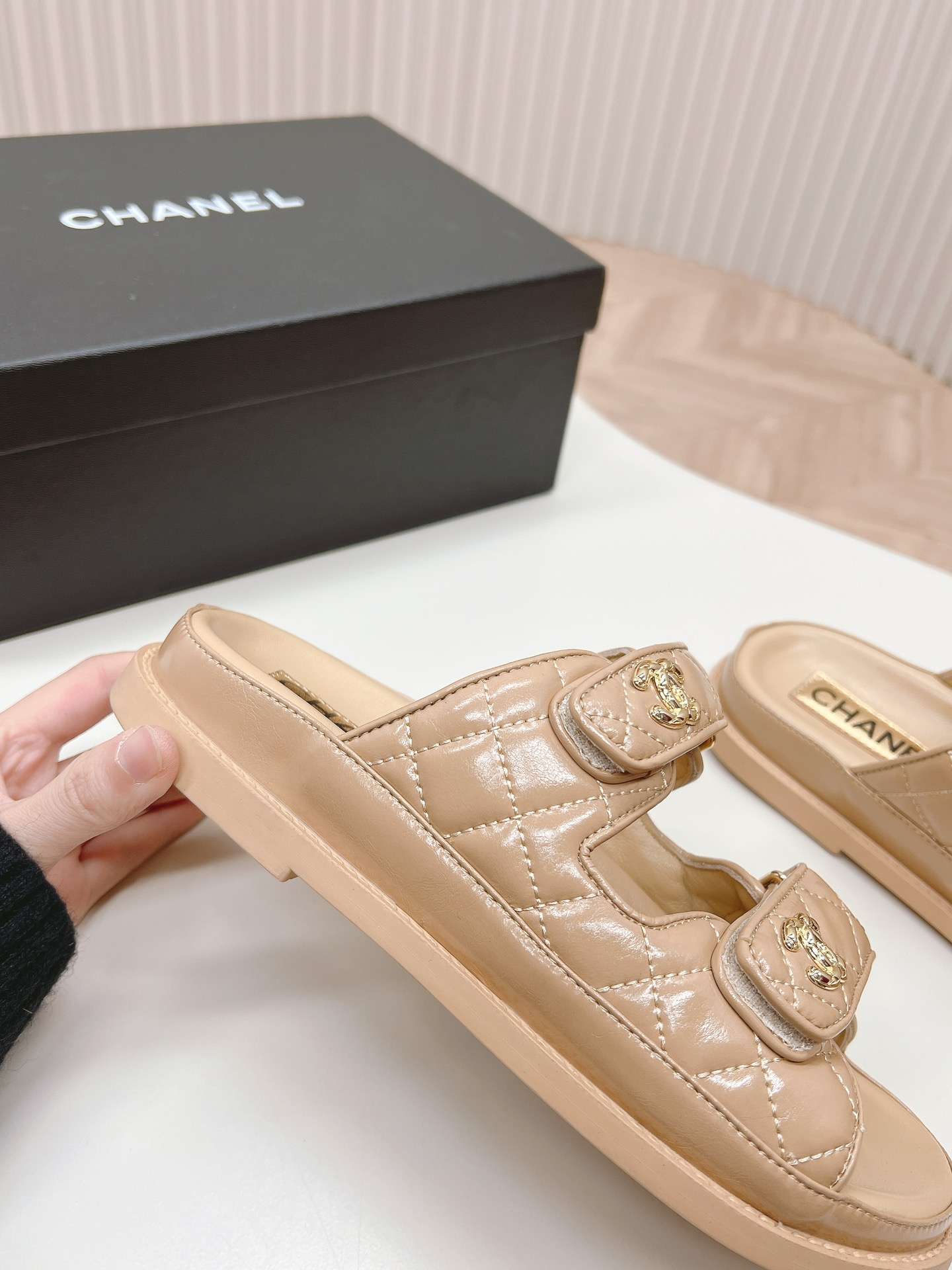Ch**el Sandals With Ch**el Logo Beige For Women