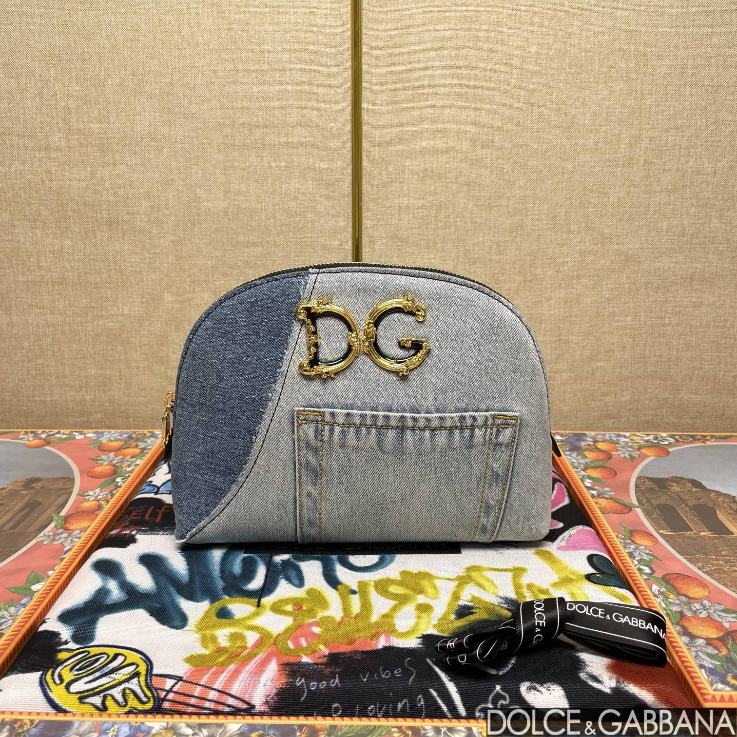 Dolce & Gabbana Patchwork Denim Make-Up Bag With Baroque Logo Grey For Women 9.4in/24cm