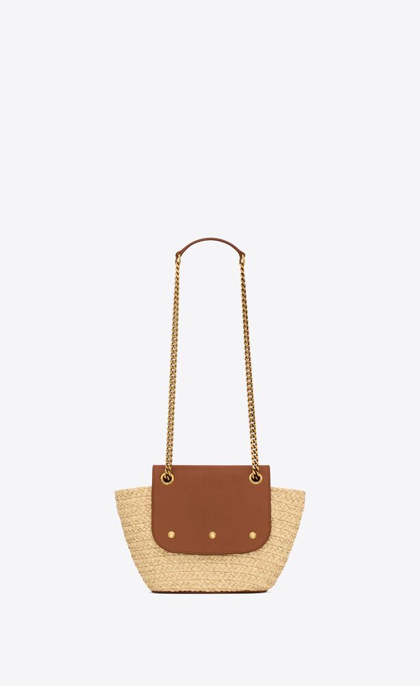 Sa1nt Lau*nt Mini Manon In Raffia And Aged Vegetable-Tanned Beige For Women 9.1 Inches/ 23 Cm 774269GAAED9051