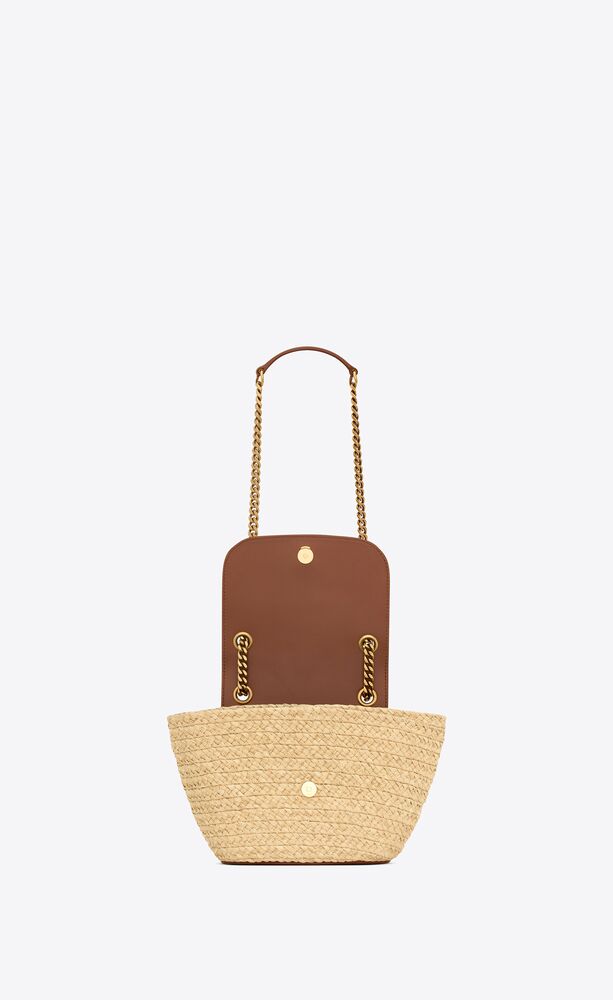 Sa1nt Lau*nt Mini Manon In Raffia And Aged Vegetable-Tanned Beige For Women 9.1 Inches/ 23 Cm 774269GAAED9051