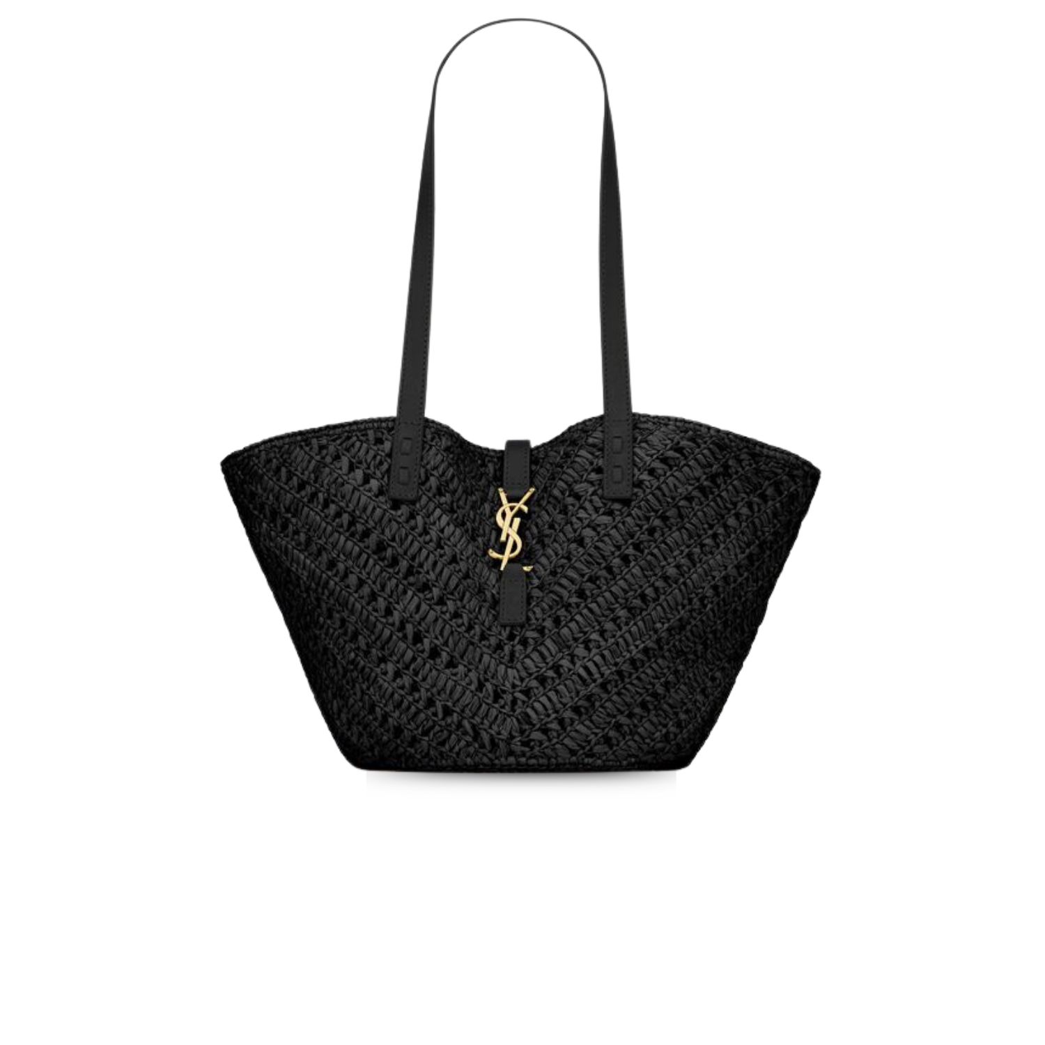 Sa1nt Lau*nt Panier Small In Raffia And Vegetable-Tanned Black For Women 15 Inches/ 38 Cm 751240GAADP1000