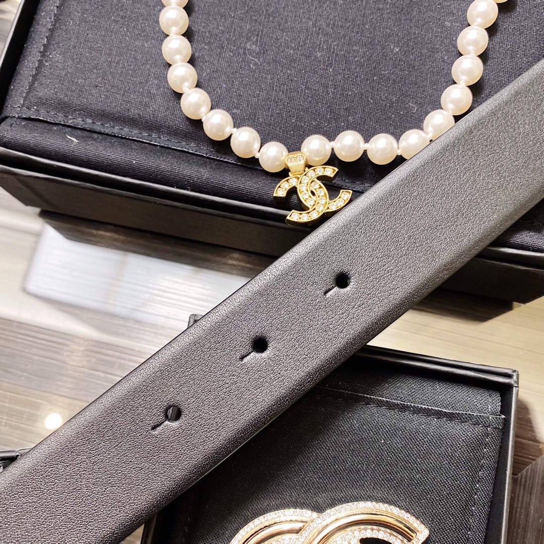 Ch**el Mini Stone Interlocking C Buckle Belt Black For Women