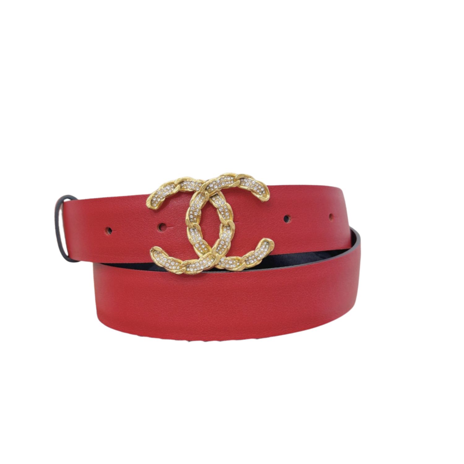 Ch**el Shiny Gold Tone Chain Interlocking C Belt Red For Women