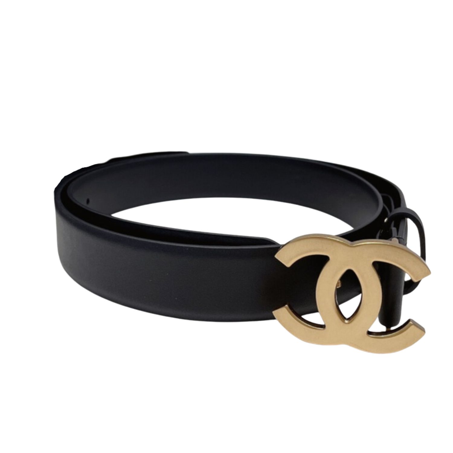 Ch**el Gold Tone Interlocking C Buckle Belt Black For Women