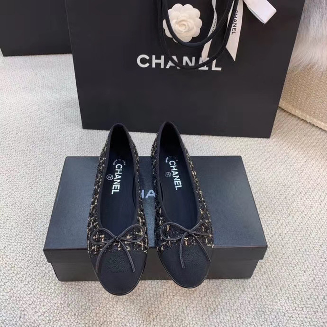 Ch**el Ballerina Flats Tweed Black/Gold For Women, Women’s Shoes G02819 K4311