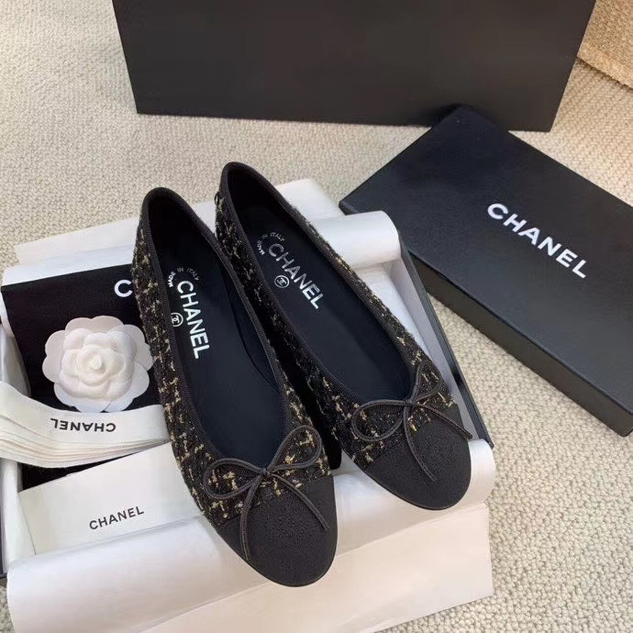 Ch**el Ballerina Flats Tweed Black/Gold For Women, Women’s Shoes G02819 K4311