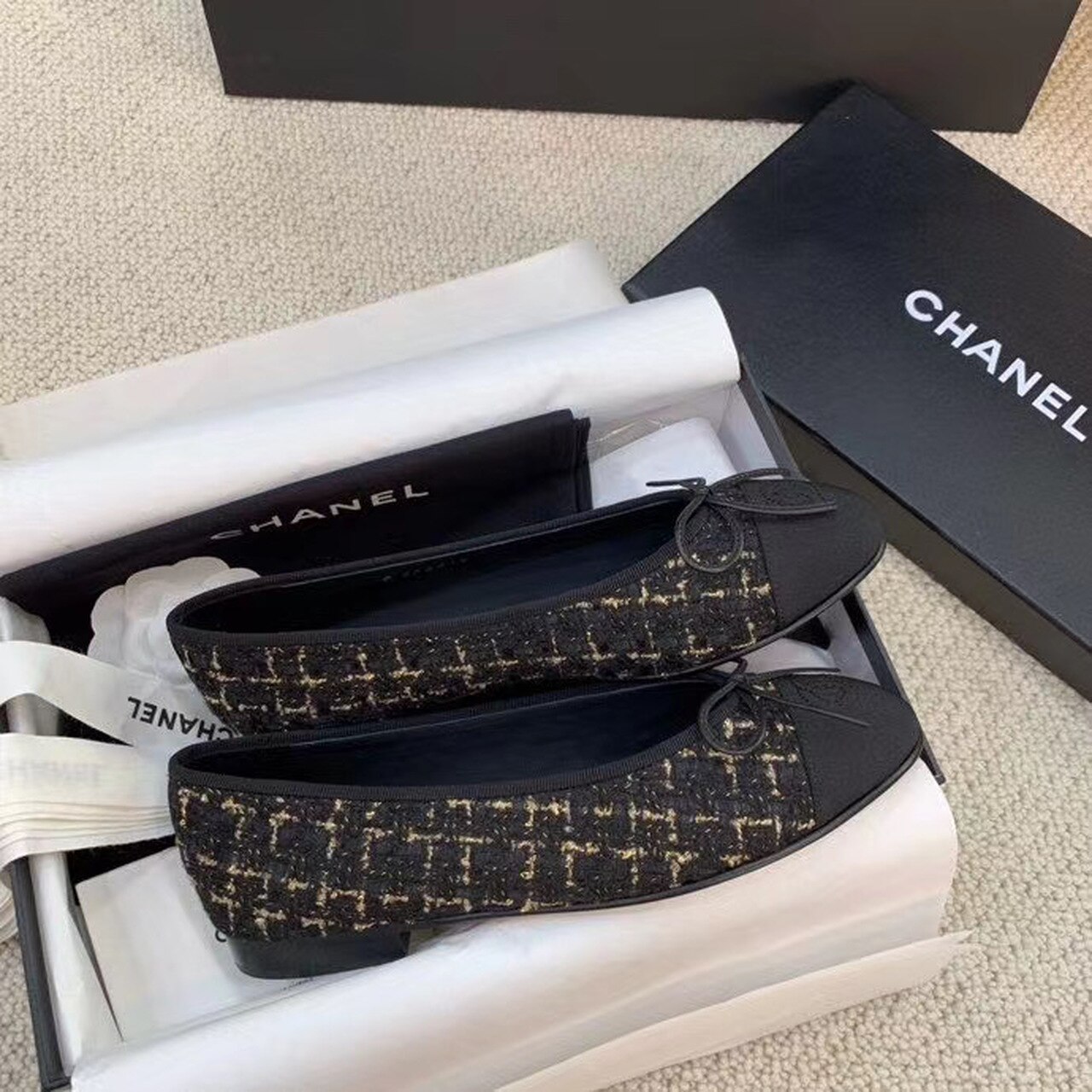 Ch**el Ballerina Flats Tweed Black/Gold For Women, Women’s Shoes G02819 K4311
