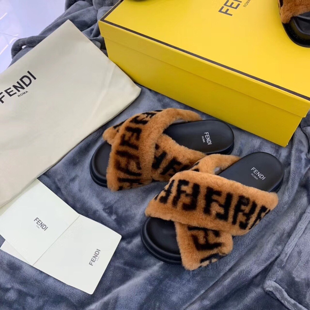 F**di Shearling FF Logo Leather & Dyed Shearling Fur Cross Slides Fall/Winter 2019 Collection, Black/Brown
