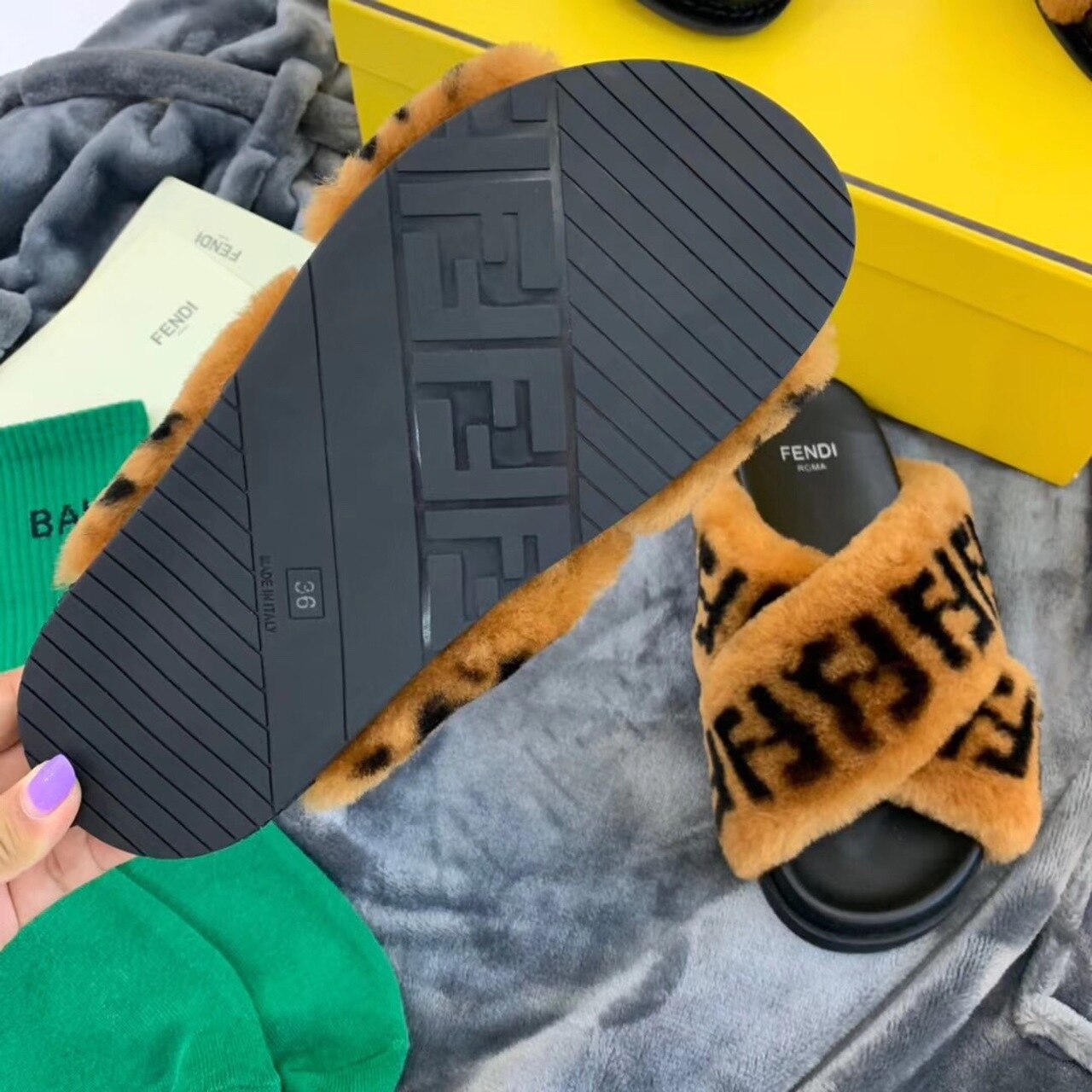 F**di Shearling FF Logo Leather & Dyed Shearling Fur Cross Slides Fall/Winter 2019 Collection, Black/Brown