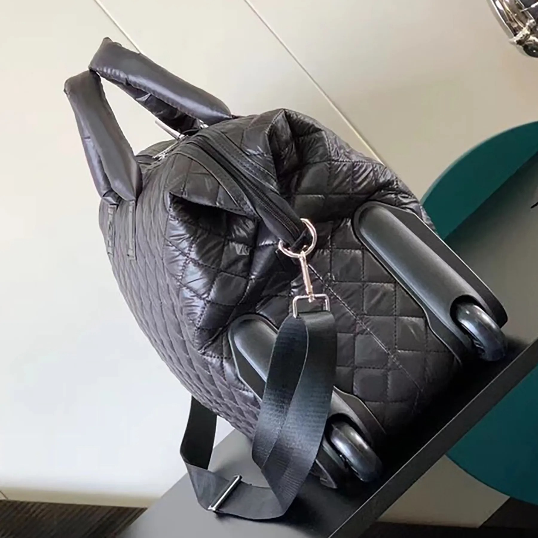 Ch**el Quilted Rolling Duffle Bag Black 20.9in/53cm