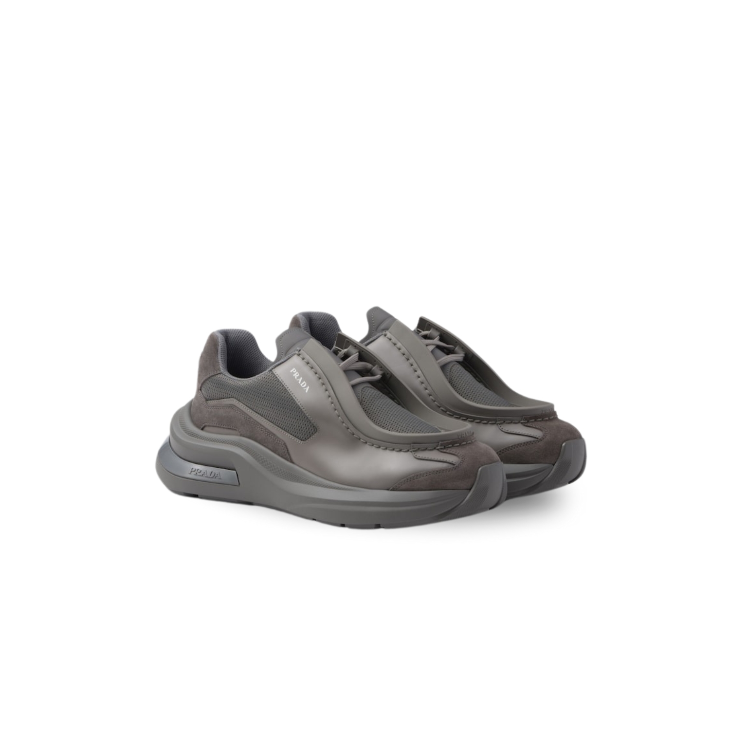 Pra*a Systeme Brushed Leather Sneakers With Bike Fabric And Suede Marble Gray For Men 2EG424_3C37_F0DWG