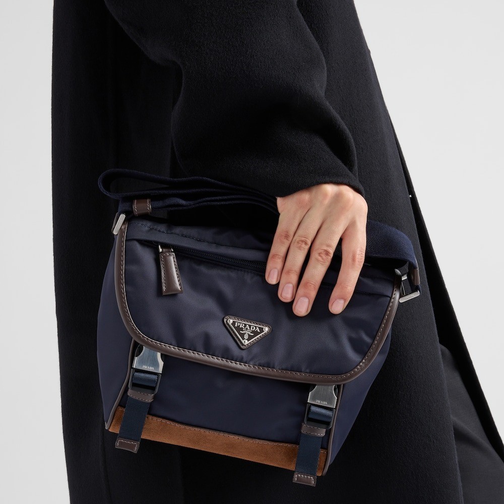 Pra*a Small Re-Nylon And Leather Shoulder Bag Blue For Men 8.9in/22.5cm 2VD066_384_F0C1B_V_OOF