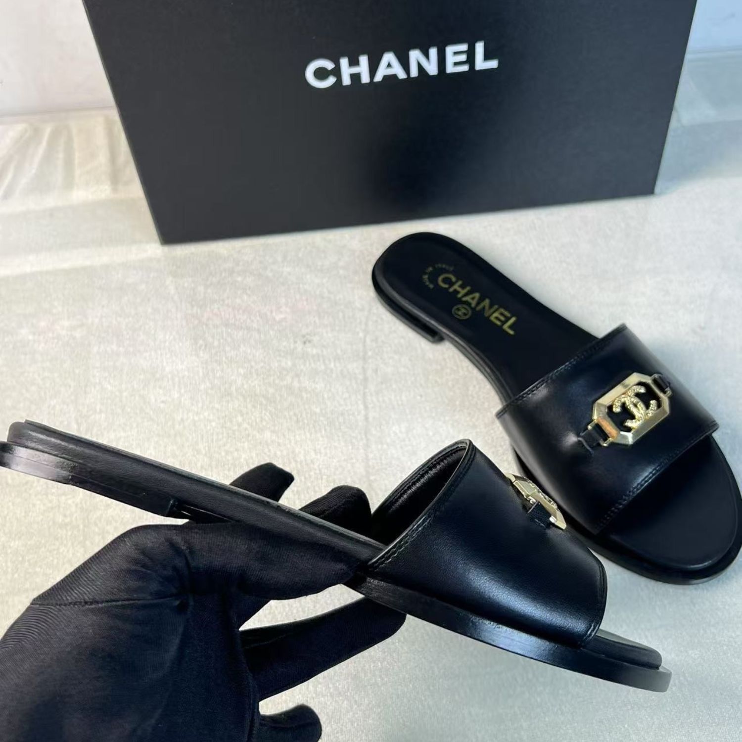 Ch**el Mules Black Gold Hardware For Women