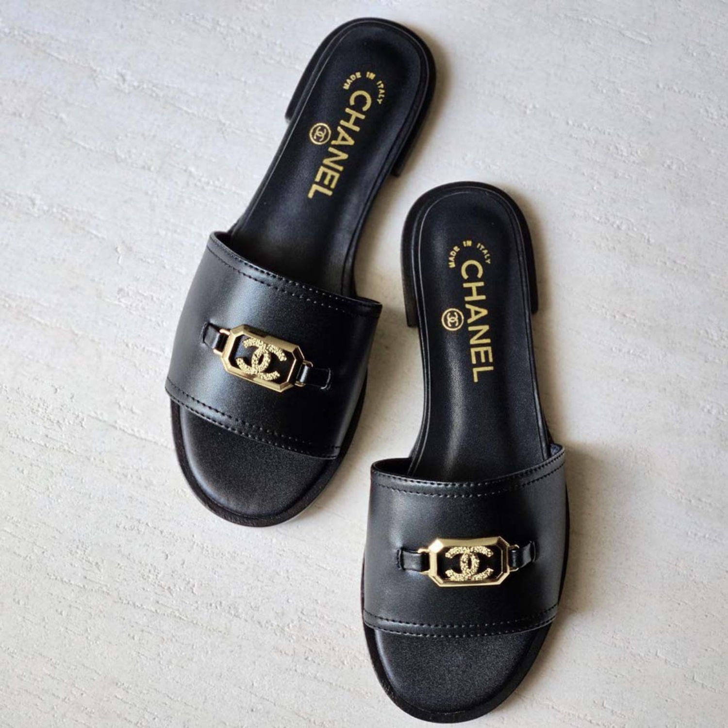 Ch**el Mules Black Gold Hardware For Women
