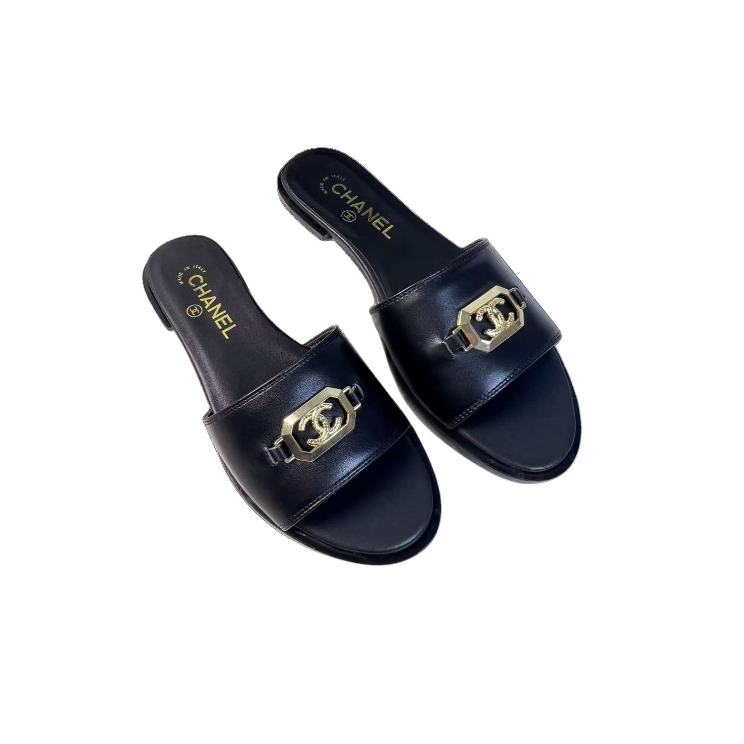 Ch**el Mules Black Gold Hardware For Women