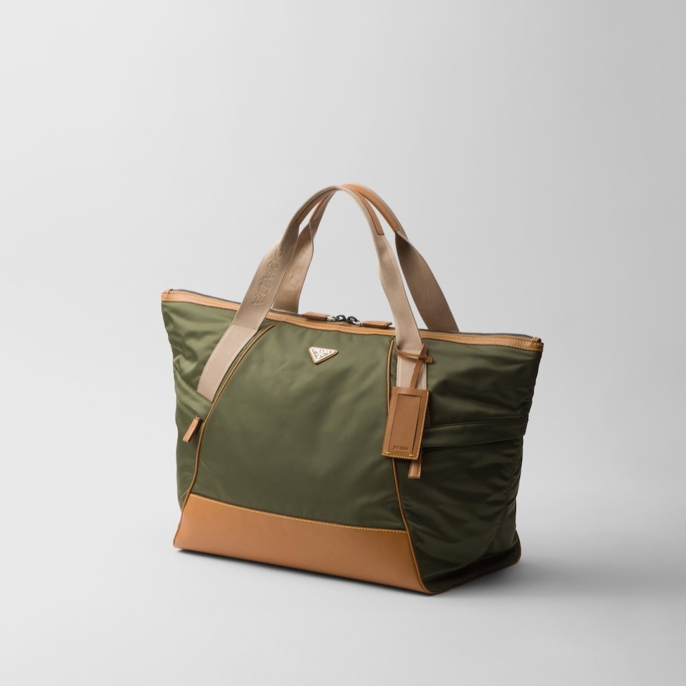 Pra*a Re-Nylon And Leather Duffle Bag Military/Caramel 17.5in/44.5cm 2VC040_2CX2_F03UQ_V_KOO