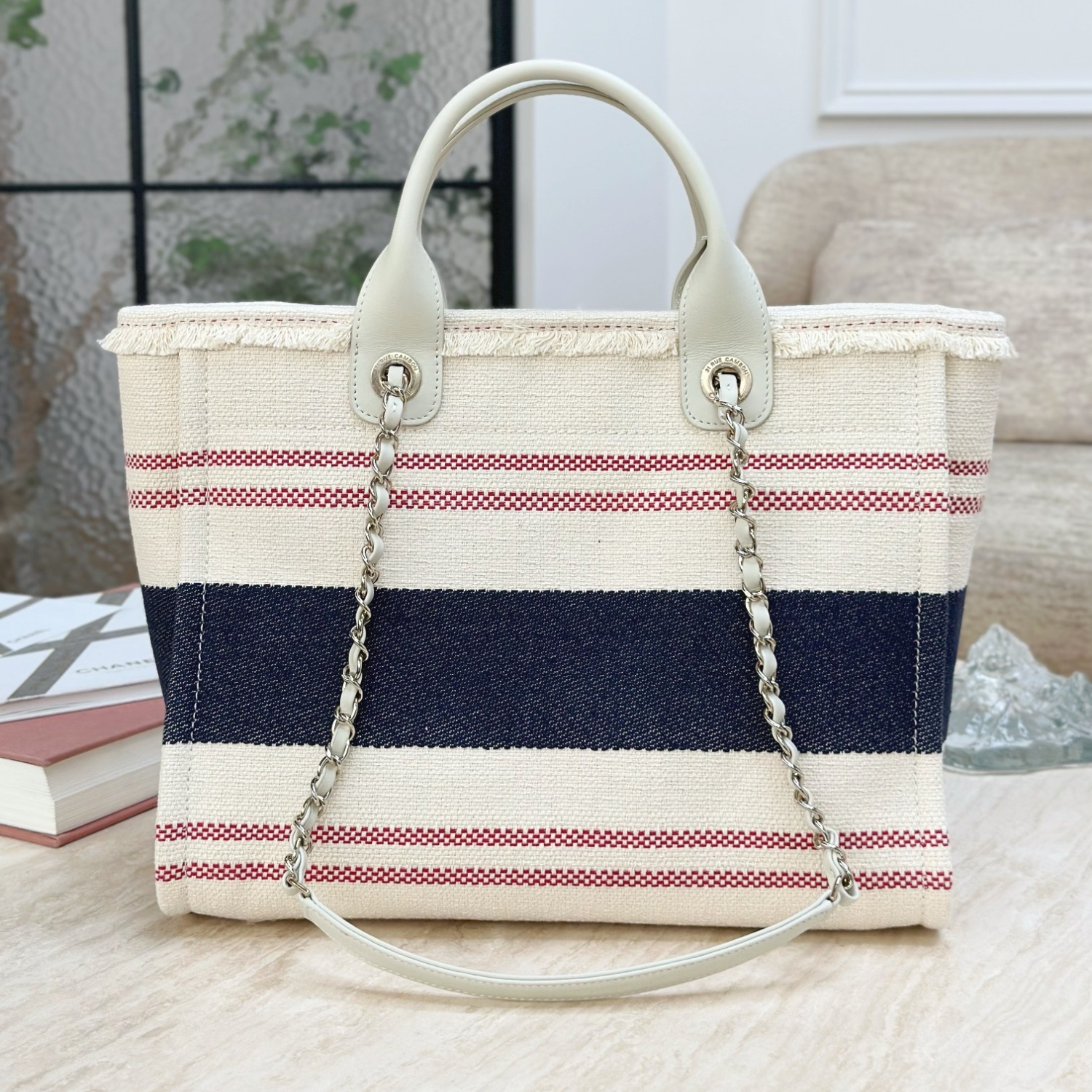 Ch**el Large Deauville Tote Bag Beige For Women 35cm/14in