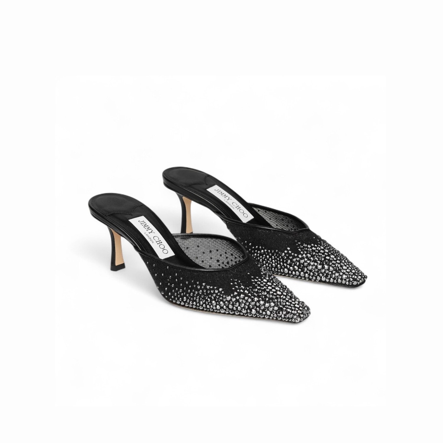 J1m*y Ch00 Vivi 65 Crystal Mesh Mules Black For Women VIVI65NYT