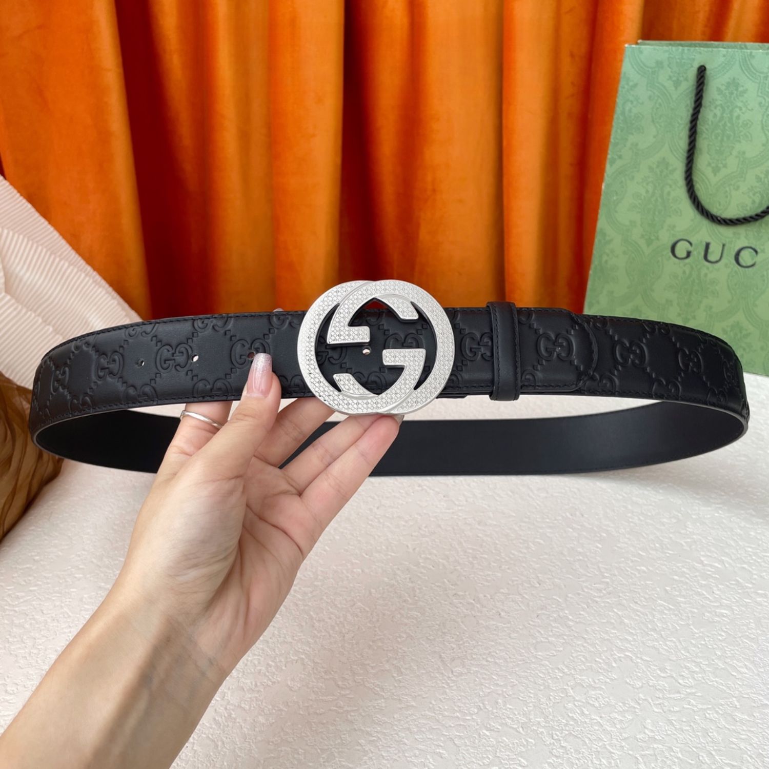 Gvc*1 Iconic GG Buckle Belt Embossed Black With Silver Bling Buckle 40mm