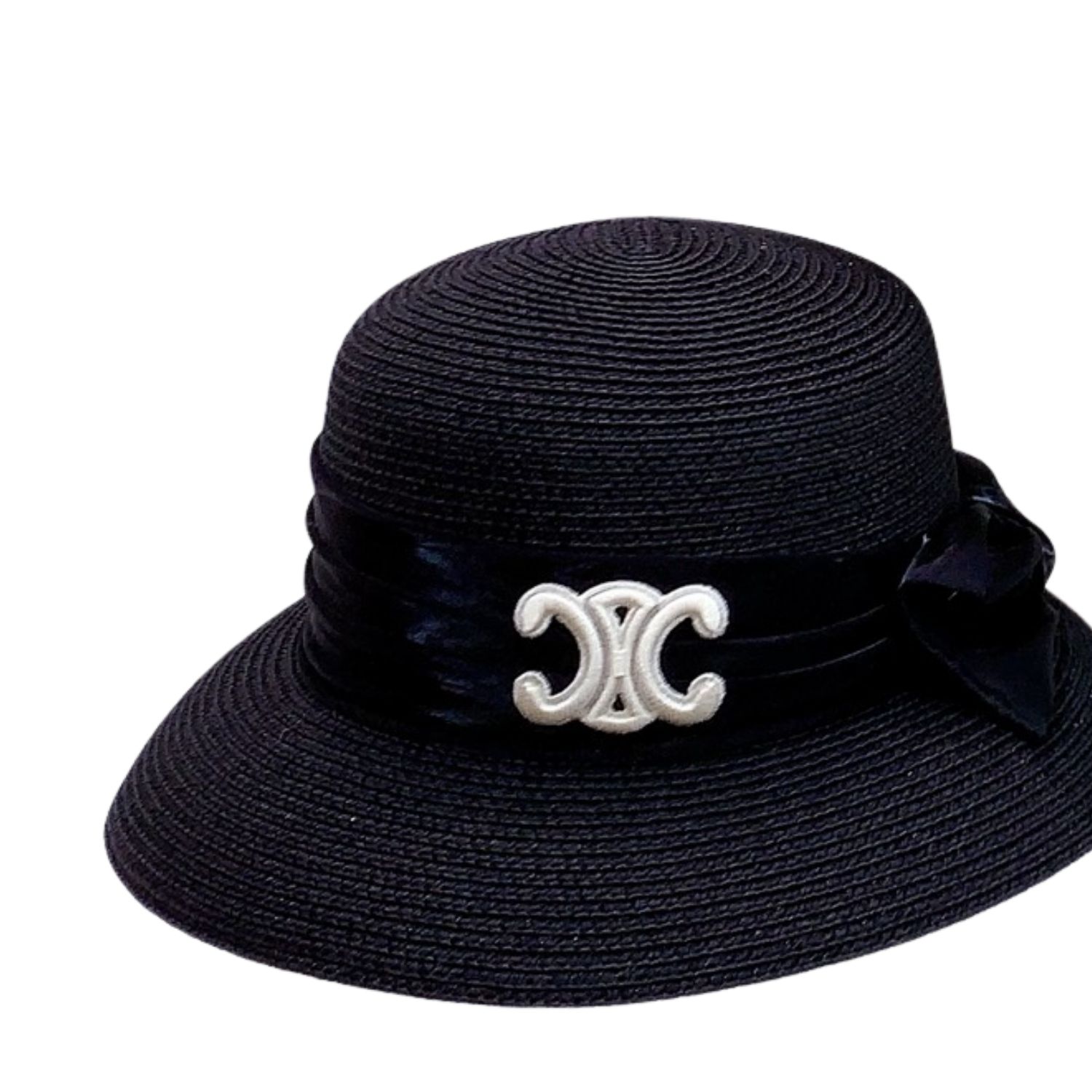 Ce1i*e Straw Hat With Satin Ribbon Bow Black For Women 58cm/22.8in