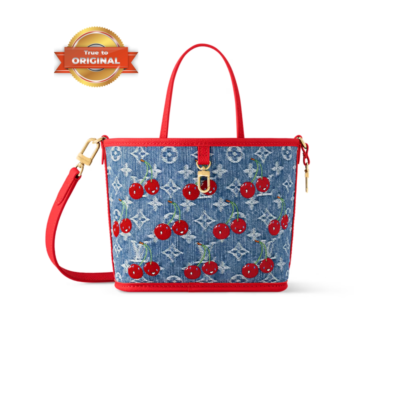 [True-to-ORIGINAL] L0vis Vvtt0n LV x TM Neverfull Inside Out BB Cherry Denim For Women 10.4in/26cm M14997