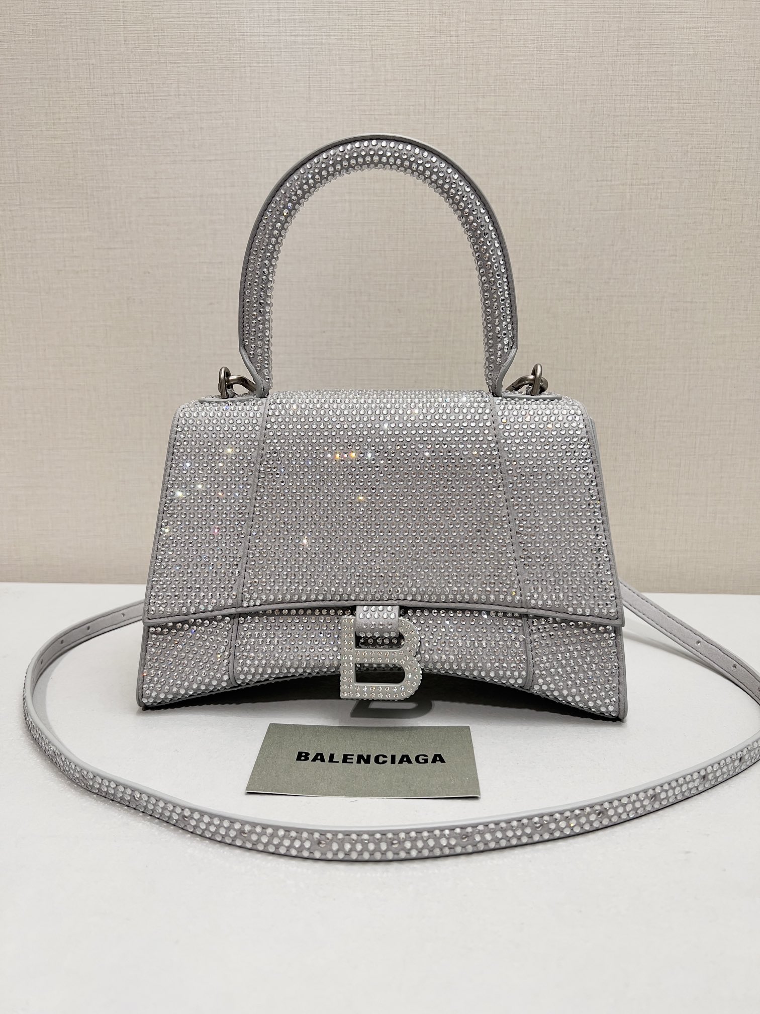 [True-to-ORIGINAL] Ba1en*iaga Furry Hourglass Small Handbag With Rhinestones In Grey For Women 24cm/9.4in
